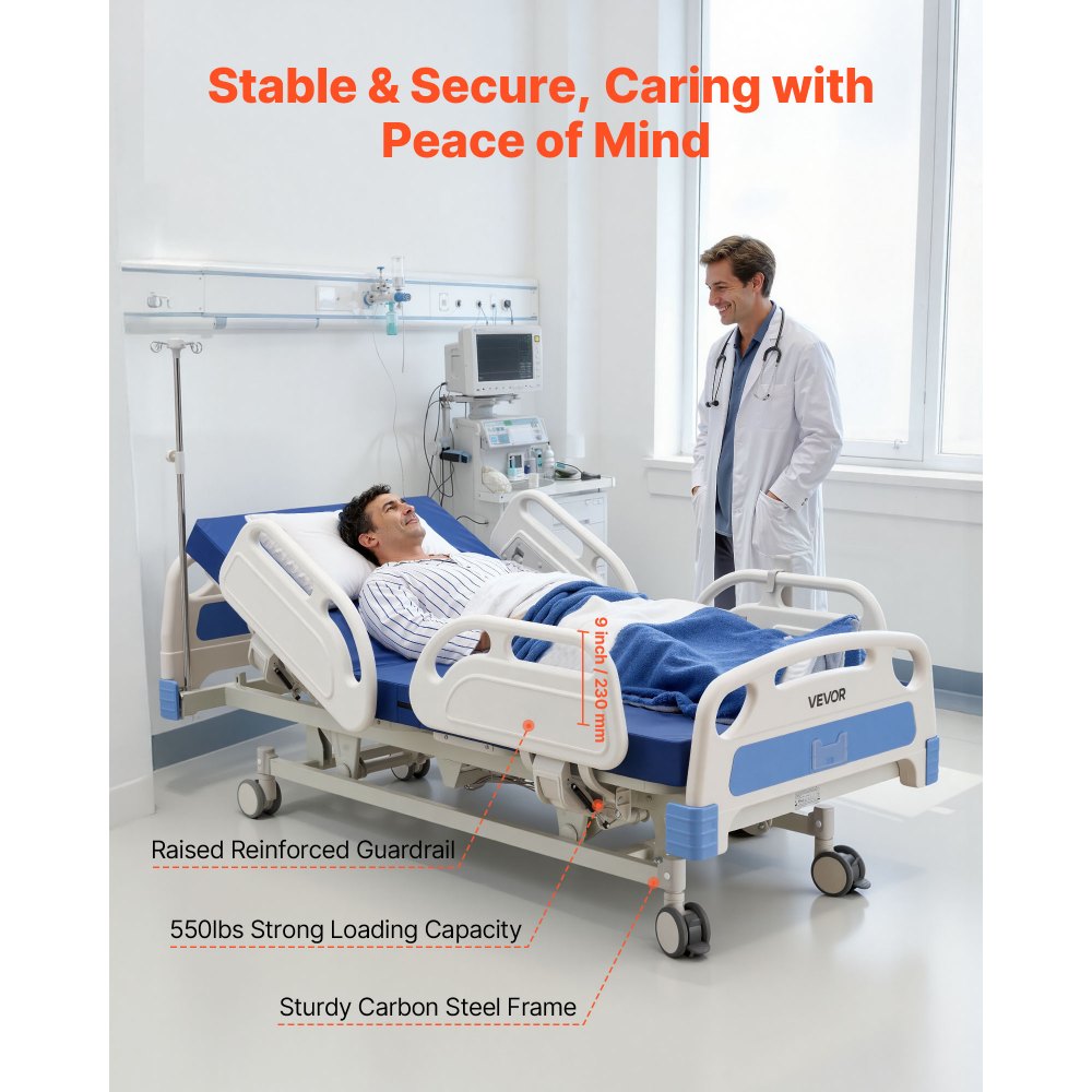 VEVOR Premium 5 Function Full Electric Hospital Bed, ICU Electric Medical Bed with Trendelenburg & Reverse Trendelenburg, 5" Locking Casters & High-Density Mattress for Home Hospital, 550LBS Loading