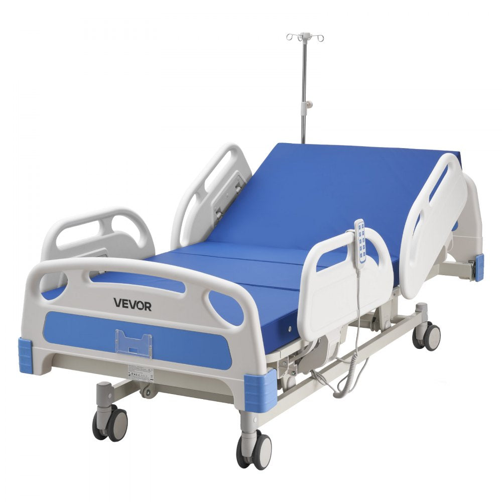 VEVOR Premium 5 Function Full Electric Hospital Bed, ICU Electric Medical Bed with Trendelenburg & Reverse Trendelenburg, 5" Locking Casters & High-Density Mattress for Home Hospital, 550LBS Loading