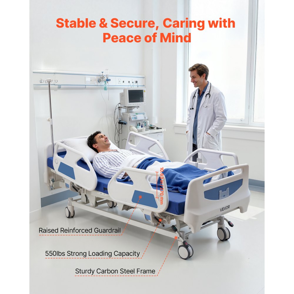 VEVOR Premium 5 Function Full Electric Hospital Bed, ICU Electric Medical Bed with Trendelenburg & Reverse Trendelenburg and Central Locking System with 5" Casters for Home Hospital, 550LBS Loading
