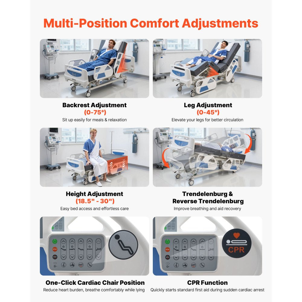 VEVOR Premium 5 Function Full Electric Hospital Bed, ICU Medical Bed with Cardiac Chair, CPR, Trendelenburg & Reverse Trendelenburg, Central Locking System with 5" Casters for Home Hospital, 550LBS