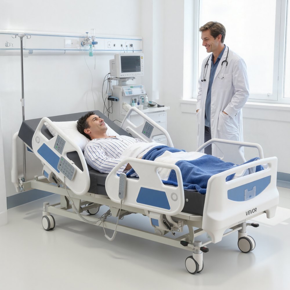 VEVOR Premium 5 Function Full Electric Hospital Bed, ICU Medical Bed with Cardiac Chair, CPR, Trendelenburg & Reverse Trendelenburg, Central Locking System with 5" Casters for Home Hospital, 550LBS