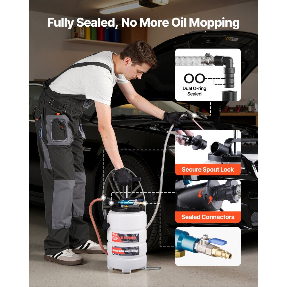 VEVOR Fluid Extractor, 9.5 L Capacity, Pneumatic/Manual Vacuum Oil Extractor Pump with 59 in Long Horse & Three 47 in Extension Tubes, Oil Change Pump with PE Tank for Cars, Lawn Mowers, Boats