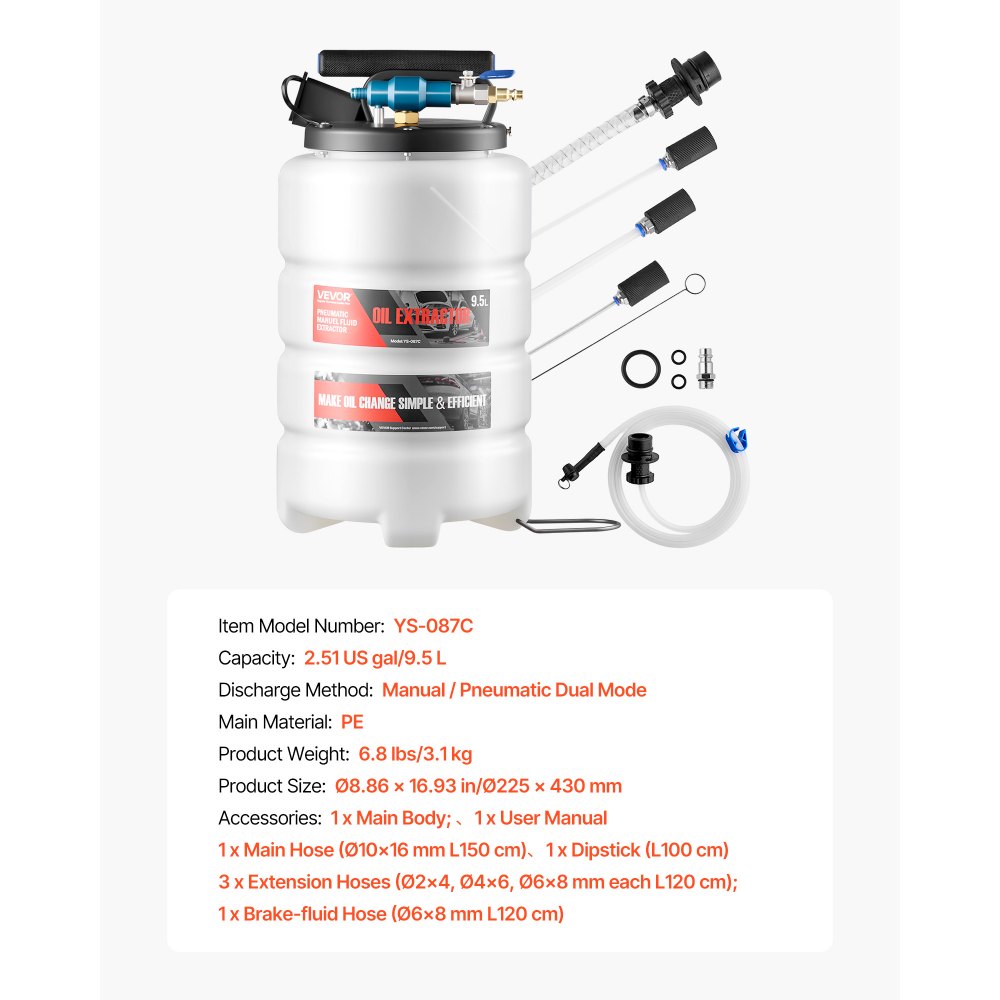 VEVOR Fluid Extractor, 9.5 L Capacity, Pneumatic/Manual Vacuum Oil Extractor Pump with 59 in Long Horse & Three 47 in Extension Tubes, Oil Change Pump with PE Tank for Cars, Lawn Mowers, Boats