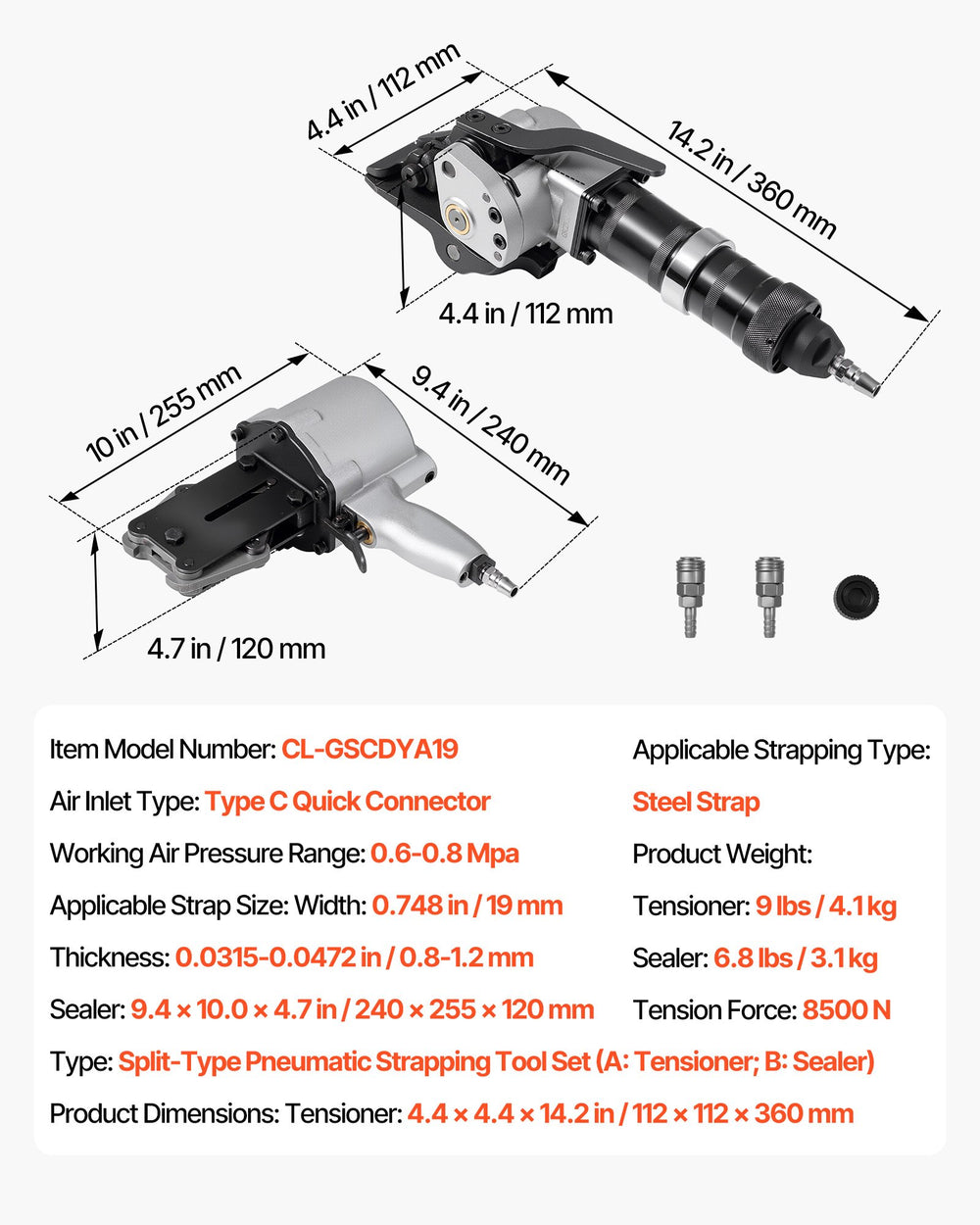 Dimensions and key specs graphic (CL-GSCDYA19)