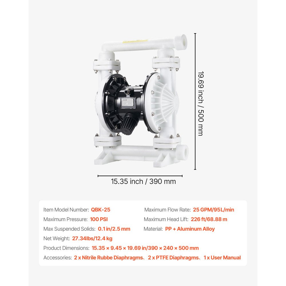 VEVOR Air Operated Double Diaphragm Pump, 25 GPM, 1 inch Inlet & Outlet Pneumatic Waste Oil Transfer Pump, Max 100 PSI, Polypropylene Body, Air-Operated for Diesel, Grease, Kerosene, Gasoline & Oil