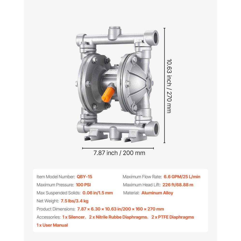 VEVOR Air Operated Double Diaphragm Pump, 6.6 GPM, 3/8 inch Inlet & Outlet Pneumatic Waste Oil Transfer Pump, Max 100 PSI, Aluminum Alloy Body, Air-Operated for Diesel, Grease, Kerosene, Gasoline