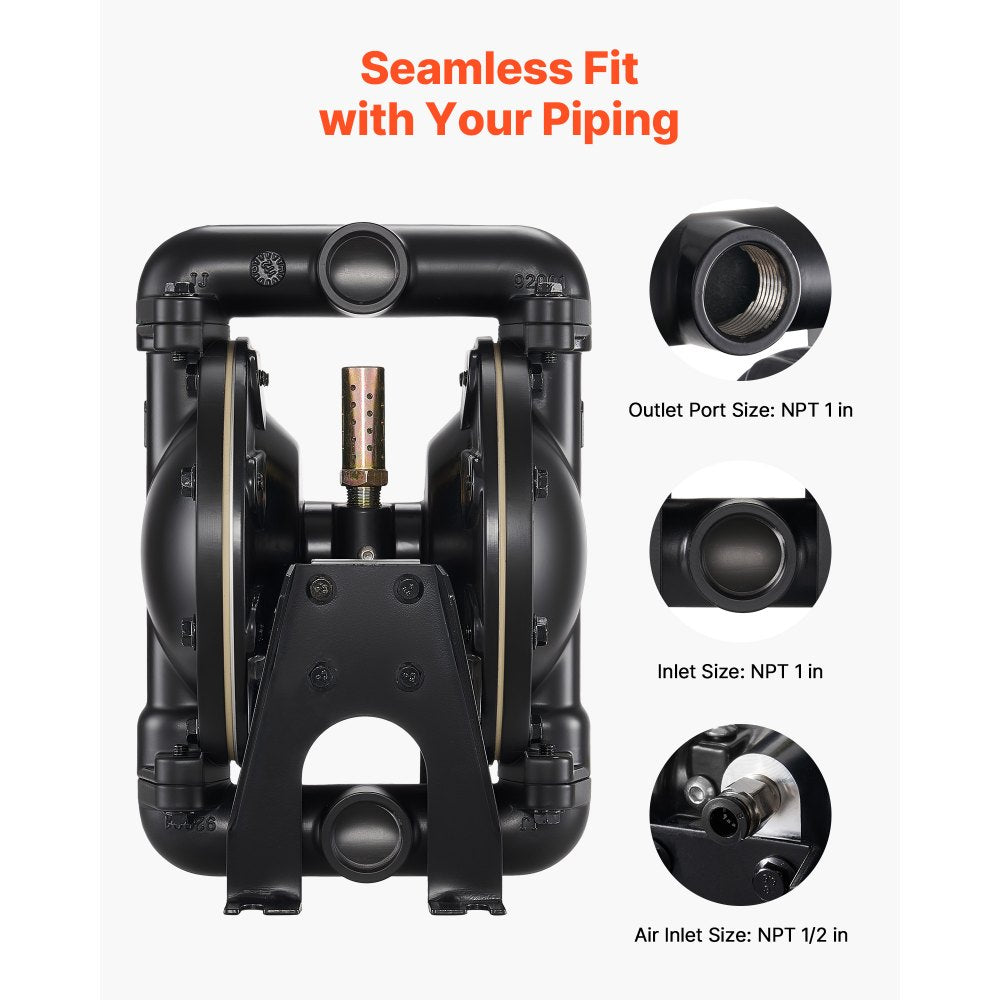 VEVOR Air Operated Double Diaphragm Pump, 35 GPM, 1 inch Inlet & Outlet Pneumatic Waste Oil Transfer Pump, Max 114 PSI, Aluminum Alloy Body, Air-Operated for Diesel, Grease, Kerosene, Gasoline & Oil