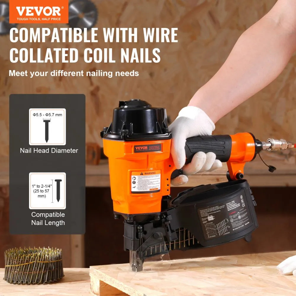 VEVOR Coil Siding Nailer MCN55, 1 inch to 2-1/4 inch 15 Degree Pneumatic Siding Nail Gun, 70-120PSI Air Coil Nailer for Siding, Pallet Sheathing, Fencing, Decking