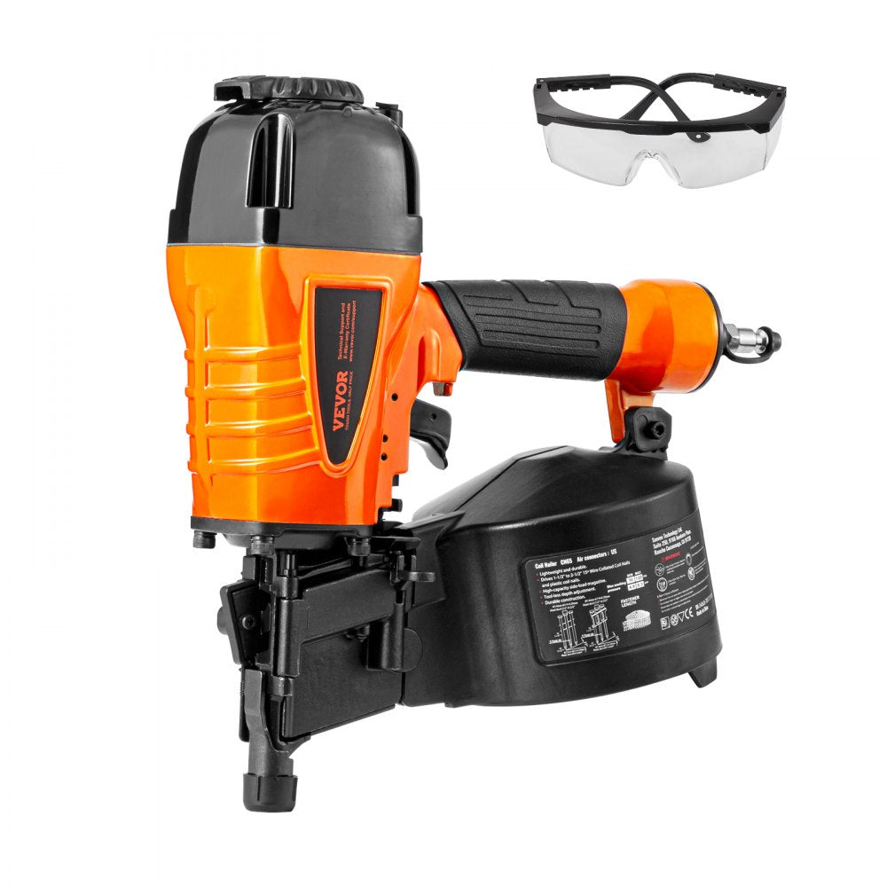 VEVOR Coil Siding Nailer CN65, 1-1/4" to 2-1/2" 15 Degree Pneumatic Siding Nail Gun with Tool-Less Depth Adjustment, 70-120PSI Air Coil Nailer for Siding, Pallet Sheathing, Wooding, Fencing, Decking