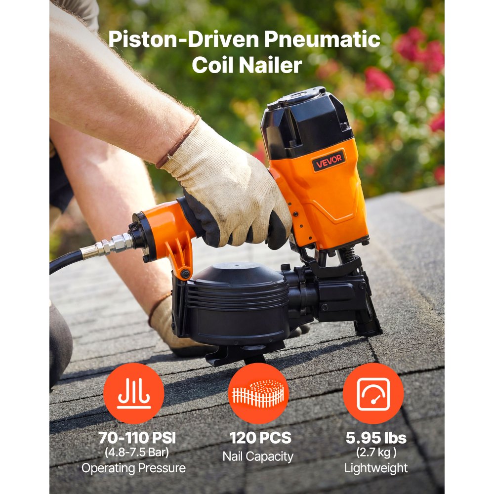 VEVOR Air Roofing Nailer CN45C, 3/4" to 1-3/4" 15 Degree Roofing Nail Gun with Two Firing Modes & Tool-Free Depth Adjustment, 70-110 PSI Pneumatic Coil Nailer for Asphalt Shingles, Roof Sheathing