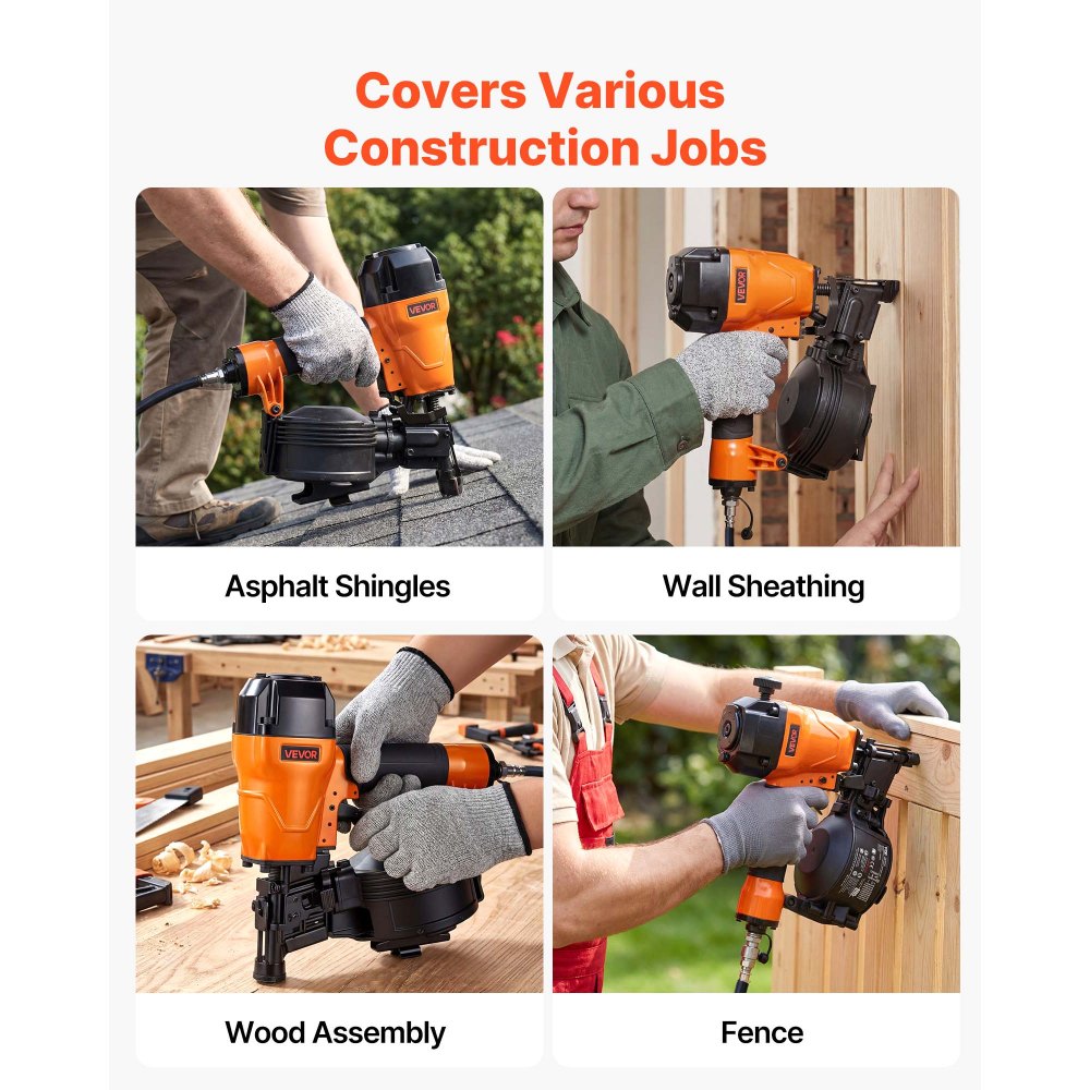 VEVOR Air Roofing Nailer CN45C, 3/4" to 1-3/4" 15 Degree Roofing Nail Gun with Two Firing Modes & Tool-Free Depth Adjustment, 70-110 PSI Pneumatic Coil Nailer for Asphalt Shingles, Roof Sheathing
