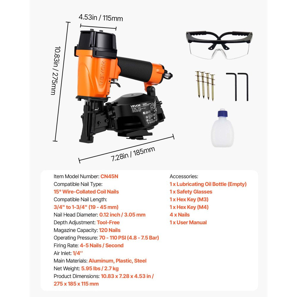 VEVOR Professional Roofing Nailer CN45N, 3/4" to 1-3/4" 15 Degree Air Roofing Nail Gun, 4–5 Nails/S Ultra-Fast Nailing, 70-110 PSI Pneumatic Coil Nailer for Asphalt Shingles, Roof Sheathing