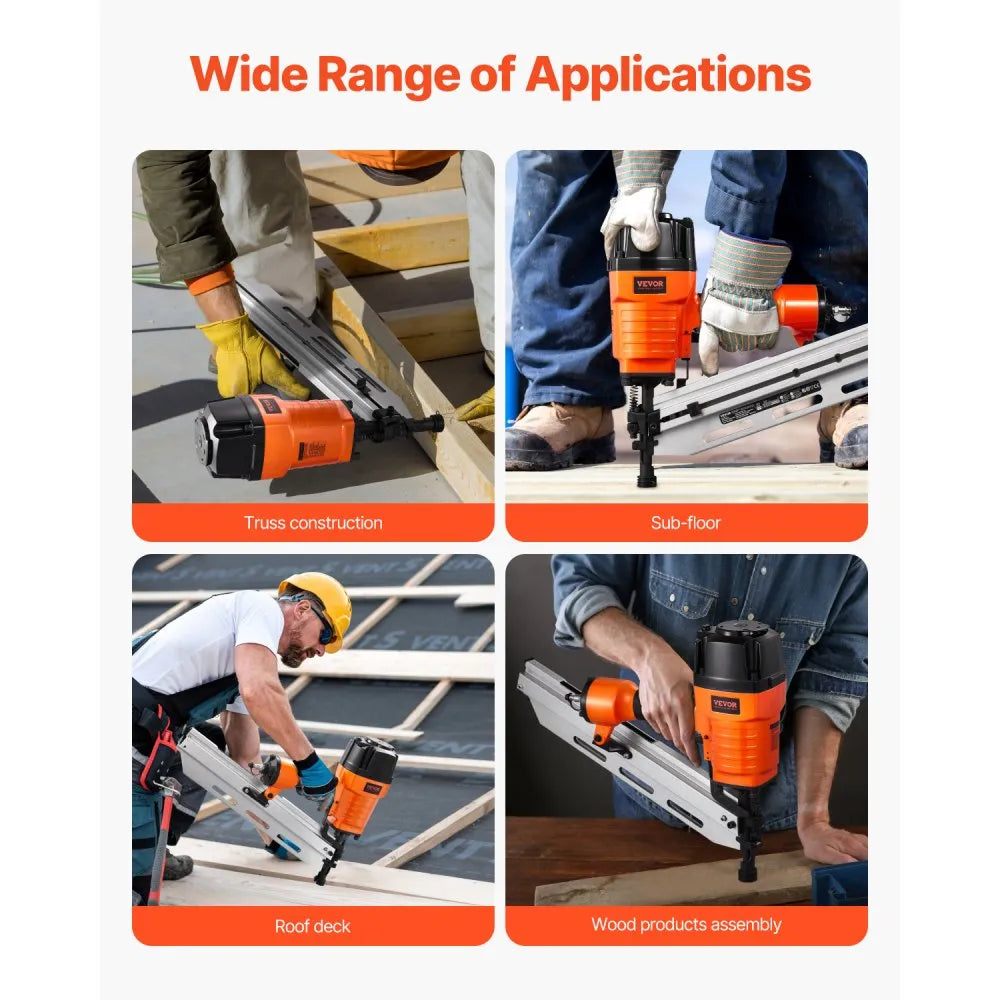 VEVOR Framing Nailer, 80-120PSI Air Nail Gun, 2" to 3-1/2" 21 Degree Full Round Head Pneumatic Framing Nailer with Tool-Less Depth Adjustment & Dual Trigger Modes, Ideal for Framing Decking Flooring