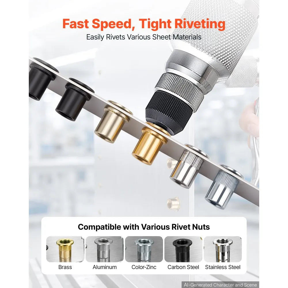 VEVOR Pneumatic Rivet Nut Gun Kit with 8PCS SAE & Metric Gun Heads, M4 M5 M6 M8 M10 1/4" 5/16" 3/8", 2680LBS Force, Air Rivet Nut Tool for Automotive, Construction, Industrial Manufacturing