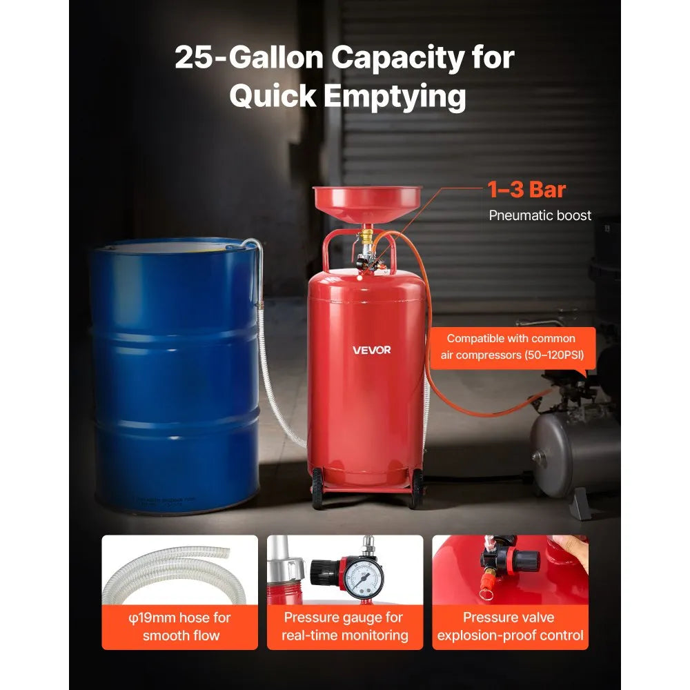VEVOR 25 Gallon Waste Oil Drain Tank, Air Operated Portable Oil Drainer with Adjustable Funnel Height, Industrial Fluid Drain Tank with Wheels, Fluid Fuel Transfer Drainage for Auto Repair Shops, Red