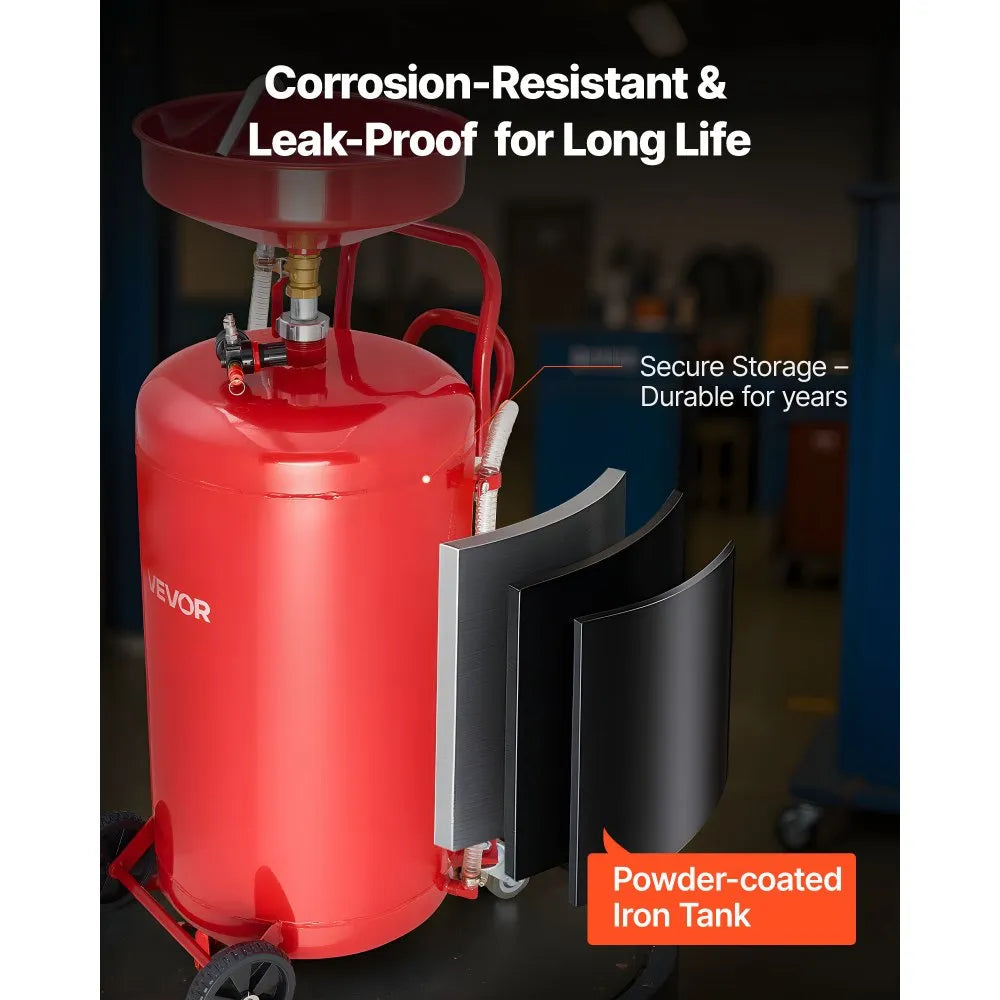 VEVOR 25 Gallon Waste Oil Drain Tank, Air Operated Portable Oil Drainer with Adjustable Funnel Height, Industrial Fluid Drain Tank with Wheels, Fluid Fuel Transfer Drainage for Auto Repair Shops, Red