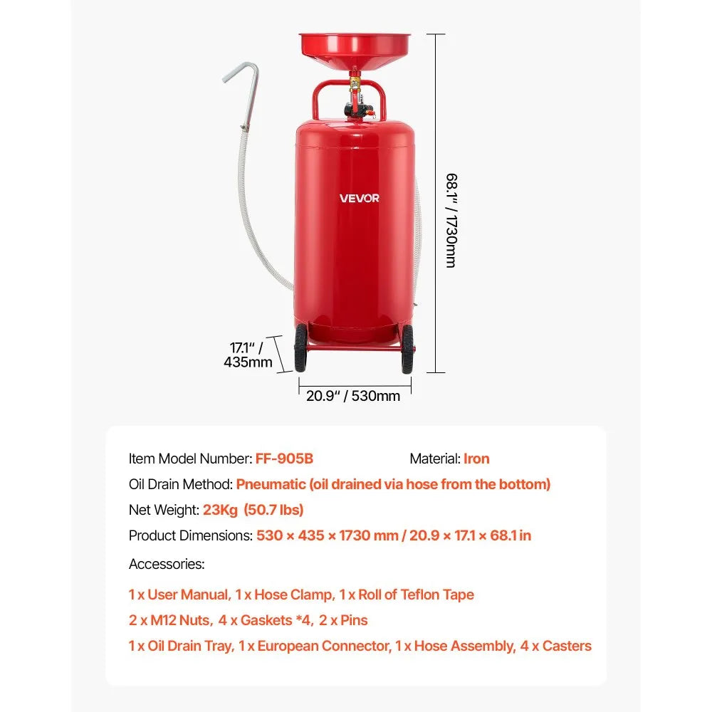 VEVOR 25 Gallon Waste Oil Drain Tank, Air Operated Portable Oil Drainer with Adjustable Funnel Height, Industrial Fluid Drain Tank with Wheels, Fluid Fuel Transfer Drainage for Auto Repair Shops, Red