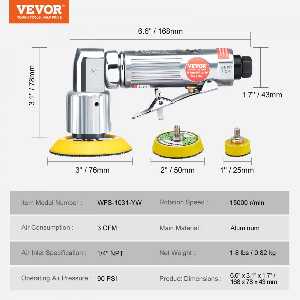 VEVOR 1/2/3 Inch Random Orbital Air Sander, High-Speed 15000RPM Mini Pneumatic Sander for Auto Body Work, 58PCS Air Powered Sander Kit with Sandpapers, Wool Pad, Wavy Sponges