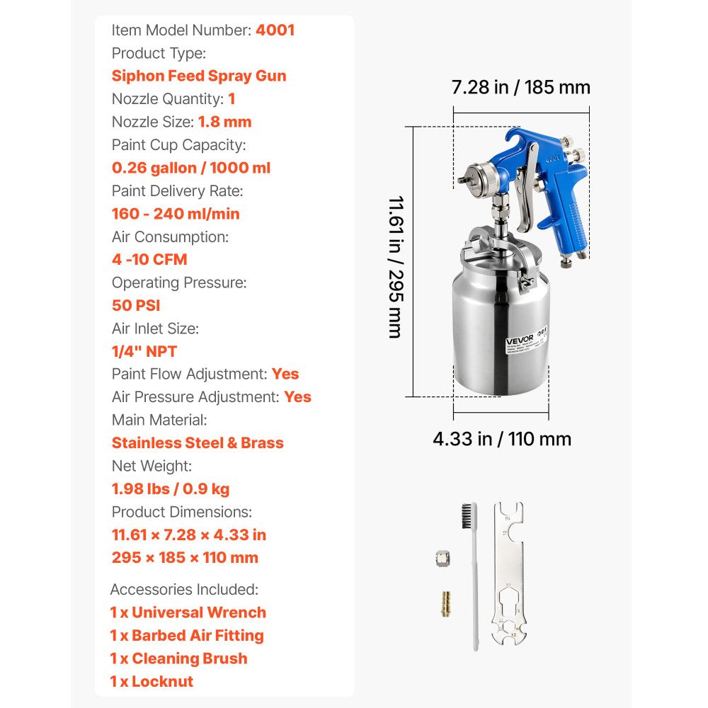 VEVOR Siphon Feed Spray Gun, High Atomization Air Paint Spray Gun, 1000cc Automotive Paint Sprayer with 1.8 mm Nozzle, Adjustable Flow Rate & Air Volume for Car, Furniture, Wall, House Painting