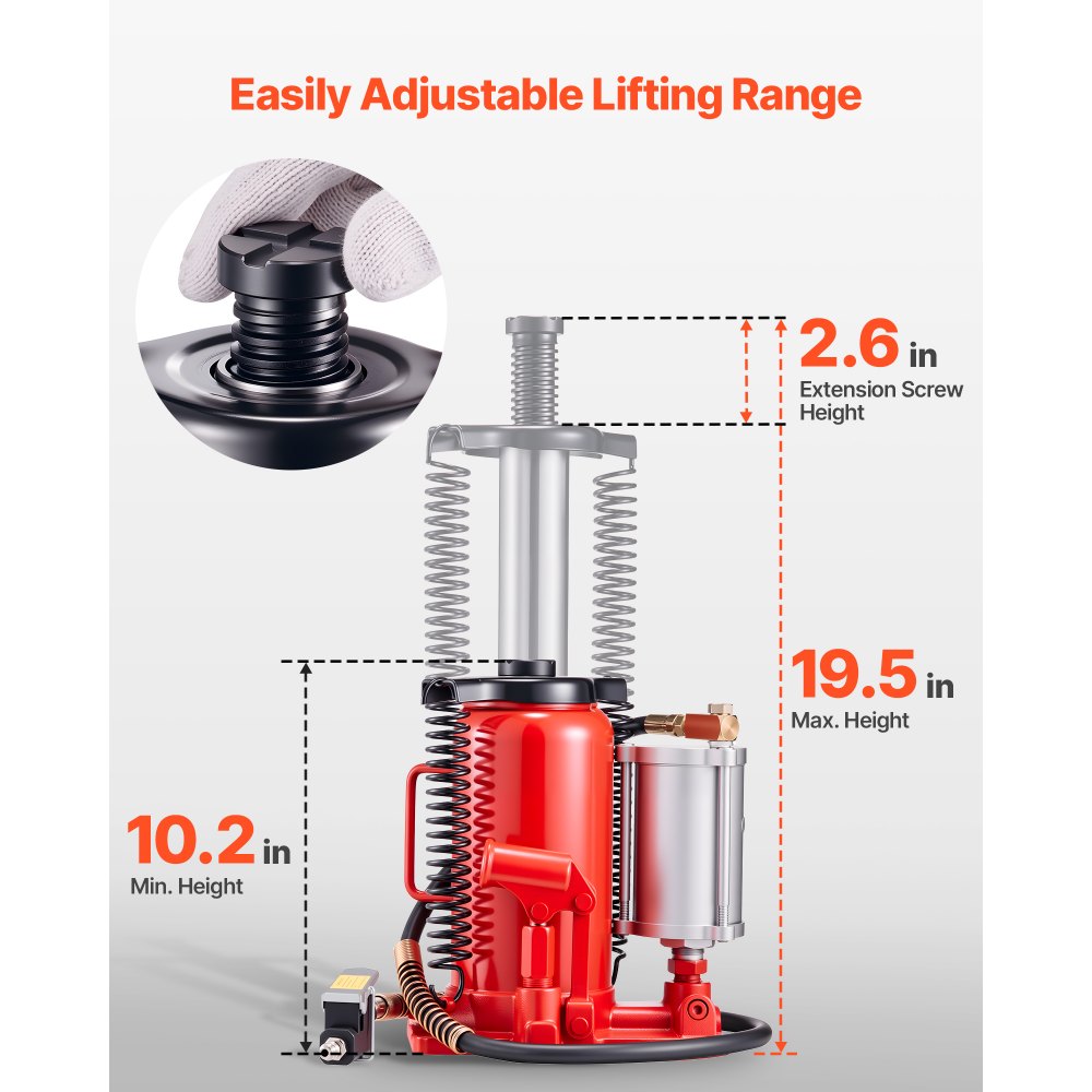 VEVOR Air Hydraulic Bottle Jack, 20 Ton (44092 lbs) Capacity, 10.2-19.5 Inch Lifting Range, Pneumatic/Manual Heavy Duty Welded Bottle Jack with Pump for Car, SUV, Pickup, Truck, RV, Auto Repair, Red