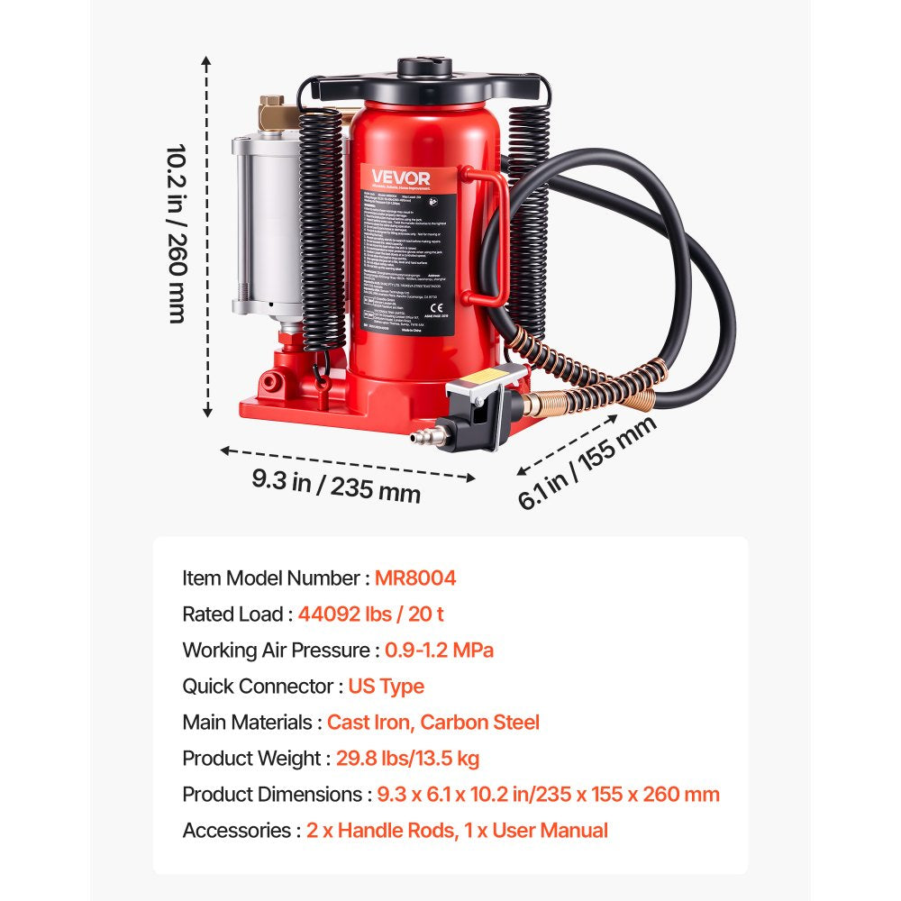 VEVOR Air Hydraulic Bottle Jack, 20 Ton (44092 lbs) Capacity, 10.2-19.5 Inch Lifting Range, Pneumatic/Manual Heavy Duty Welded Bottle Jack with Pump for Car, SUV, Pickup, Truck, RV, Auto Repair, Red