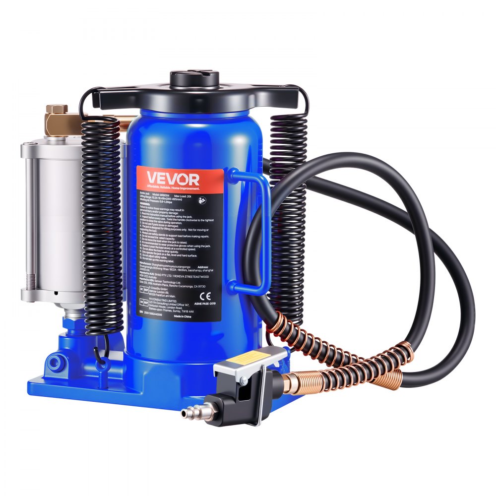 VEVOR Air Hydraulic Bottle Jack, 20 Ton (44092 lbs) Capacity, 10.2-19.5 Inch Lifting Range, Pneumatic/Manual Heavy Duty Welded Bottle Jack with Pump for Car, SUV, Pickup, Truck, RV, Auto Repair, Blue