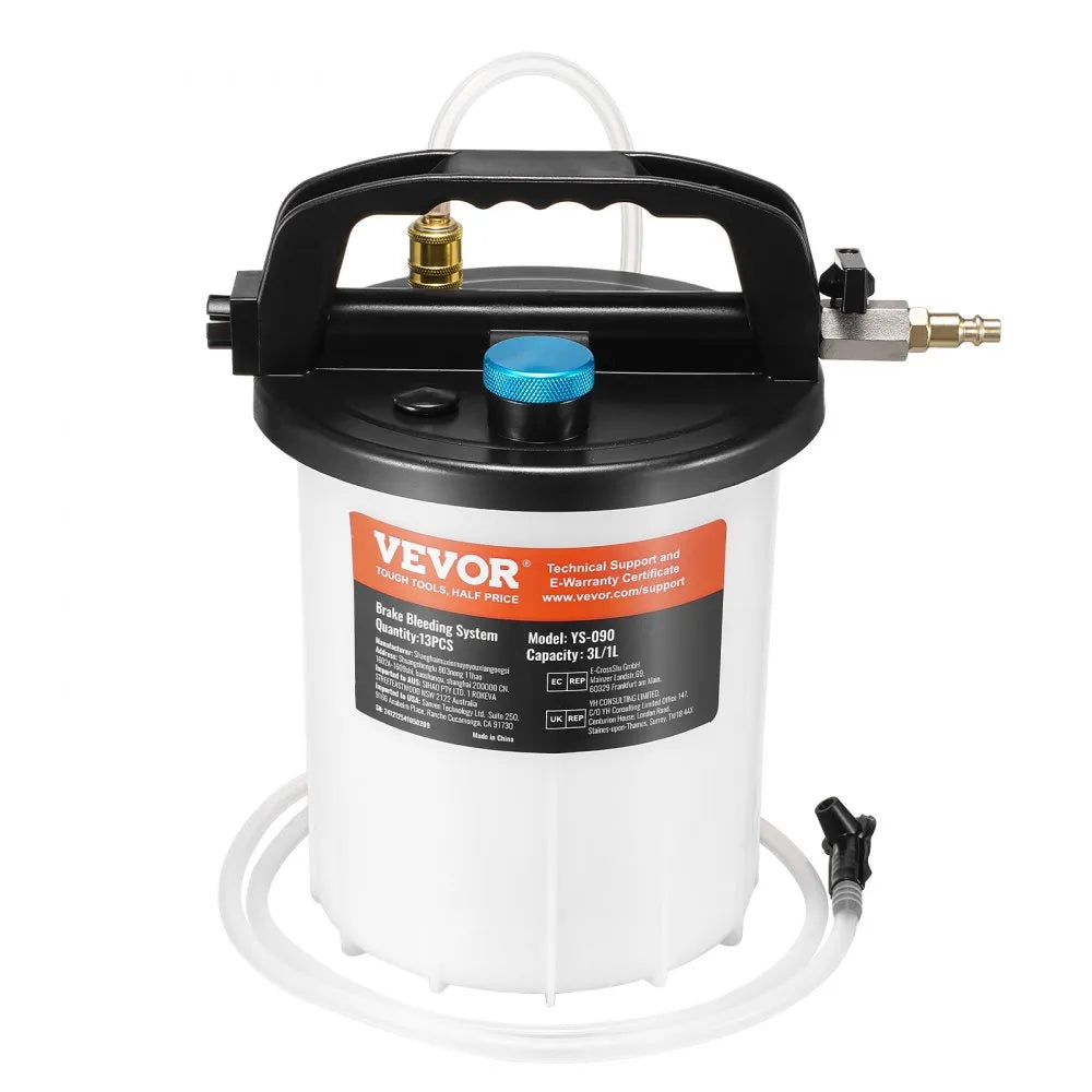 VEVOR Brake Bleeder Kit, 3L Brake Fluid Extractor with 1L Siphon Refilling Bottle & 13 Hose Connectors, Complete Brake Fluid Bleeder Kit with Extended Silicone Hose & Handle, Fit for Most Vehicles