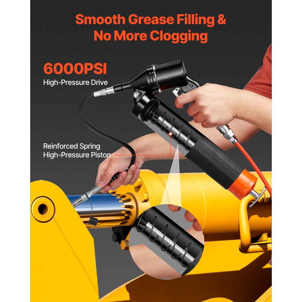 VEVOR Grease Gun, Continuous Cycle Heavy Duty 6000 PSI High Pressure, Pistol Grip Grease Gun Kit with 14 oz Capacity, Includes 18-Inch Flex Hose, 1 Extension Rigid Pipe, 2 Flat Nozzles for Automotive
