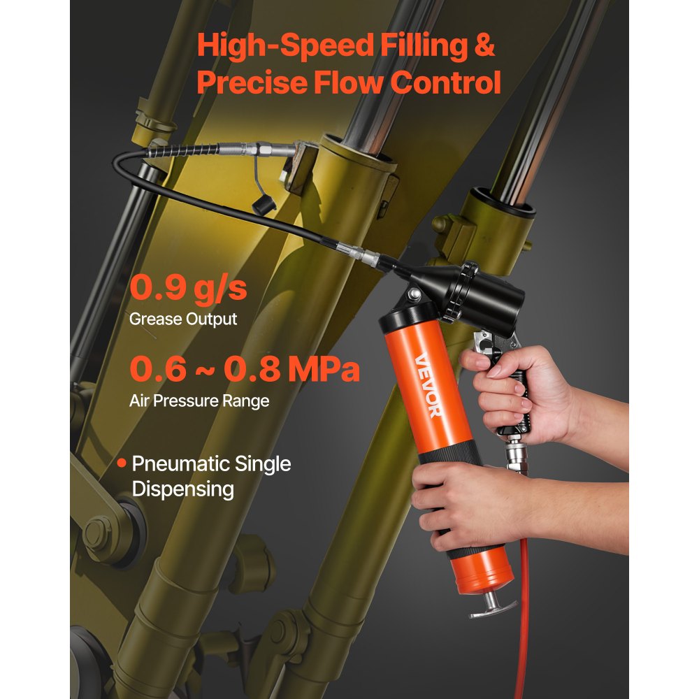 VEVOR Grease Gun, Continuous Cycle Heavy Duty 6000 PSI High Pressure, Pistol Grip Grease Gun Kit with 14 oz Capacity, Includes 18-Inch Flex Hose, 1 Extension Rigid Pipe, 2 Flat Nozzles for Automotive