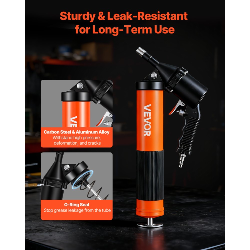 VEVOR Grease Gun, Continuous Cycle Heavy Duty 6000 PSI High Pressure, Pistol Grip Grease Gun Kit with 14 oz Capacity, Includes 18-Inch Flex Hose, 1 Extension Rigid Pipe, 2 Flat Nozzles for Automotive