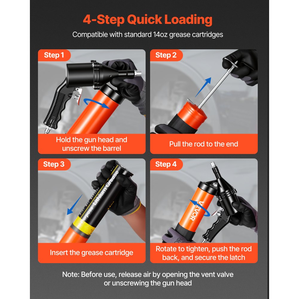 VEVOR Grease Gun, Continuous Cycle Heavy Duty 6000 PSI High Pressure, Pistol Grip Grease Gun Kit with 14 oz Capacity, Includes 18-Inch Flex Hose, 1 Extension Rigid Pipe, 2 Flat Nozzles for Automotive