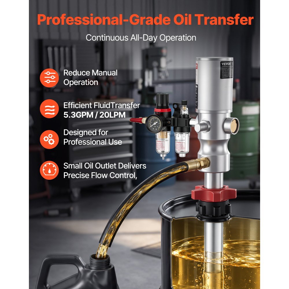 VEVOR Air-Operated Oil Transfer Pump 1:1 5.3 GPM / 20 LPM Flow Drum Pump, Fits 55 Gallon Barrels & Open Containers, Heavy Duty Aluminum Pump, Pneumatic for SAE 80 Oils / Fluids (NOT for Gasoline)