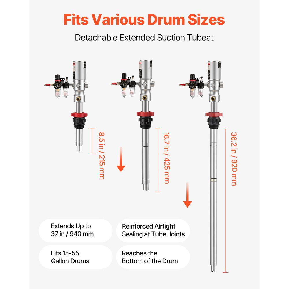 VEVOR Air-Operated Oil Transfer Pump 1:1 5.3 GPM / 20 LPM Flow Drum Pump, Fits 55 Gallon Barrels & Open Containers, Heavy Duty Aluminum Pump, Pneumatic for SAE 80 Oils / Fluids (NOT for Gasoline)