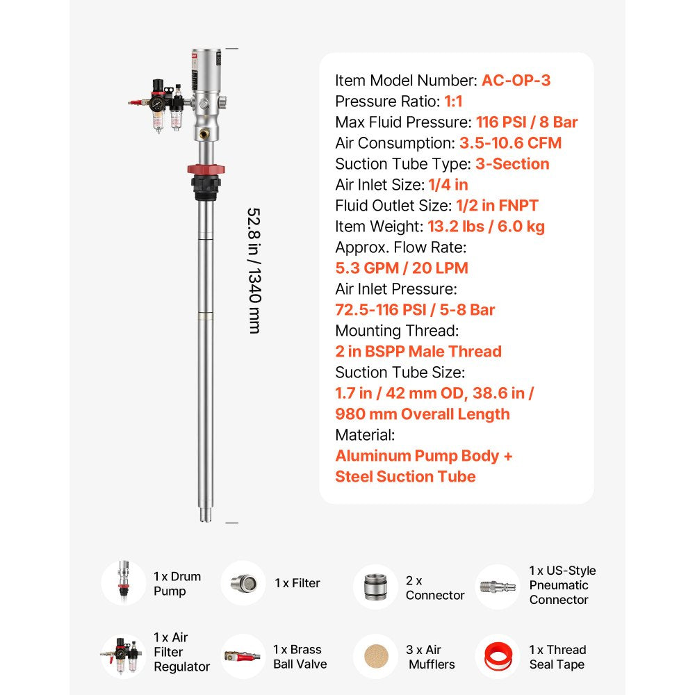 VEVOR Air-Operated Oil Transfer Pump 1:1 5.3 GPM / 20 LPM Flow Drum Pump, Fits 55 Gallon Barrels & Open Containers, Heavy Duty Aluminum Pump, Pneumatic for SAE 80 Oils / Fluids (NOT for Gasoline)