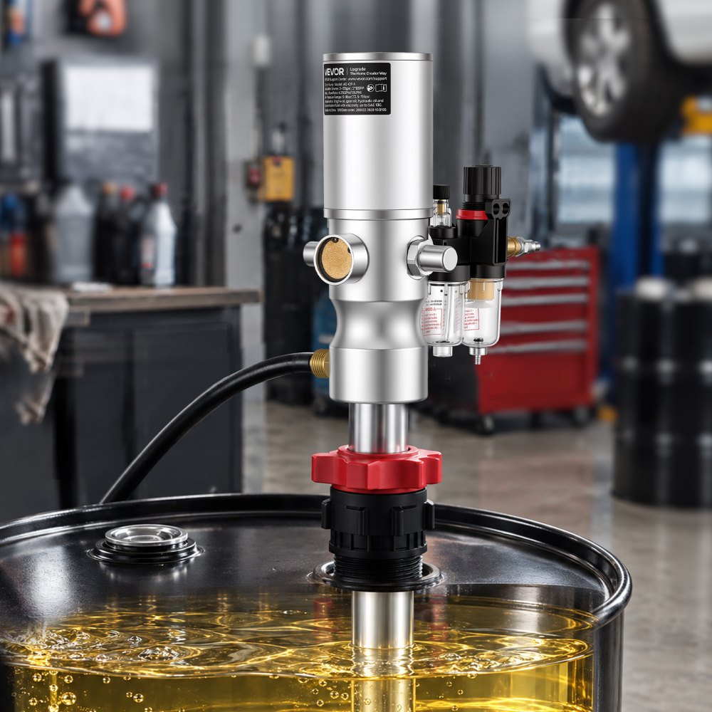 VEVOR Air-Operated Oil Transfer Pump 1:1 5.3 GPM / 20 LPM Flow Drum Pump, Fits 55 Gallon Barrels & Open Containers, Heavy Duty Aluminum Pump, Pneumatic for SAE 80 Oils / Fluids (NOT for Gasoline)