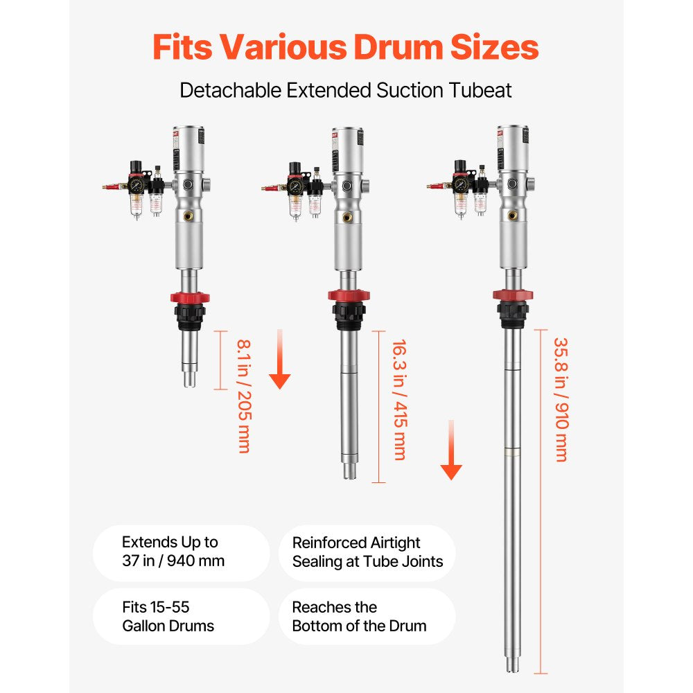VEVOR Air-Operated Oil Transfer Pump 3:1 4.8 GPM / 18 LPM Flow Drum Pump, Fits 55 Gallon Barrels & Open Containers, Heavy Duty Aluminum Pump, Pneumatic for SAE 130 Oils / Fluids (NOT for Gasoline)