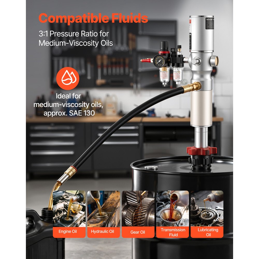VEVOR Air-Operated Oil Transfer Pump 3:1 4.8 GPM / 18 LPM Flow Drum Pump, Fits 55 Gallon Barrels & Open Containers, Heavy Duty Aluminum Pump, Pneumatic for SAE 130 Oils / Fluids (NOT for Gasoline)