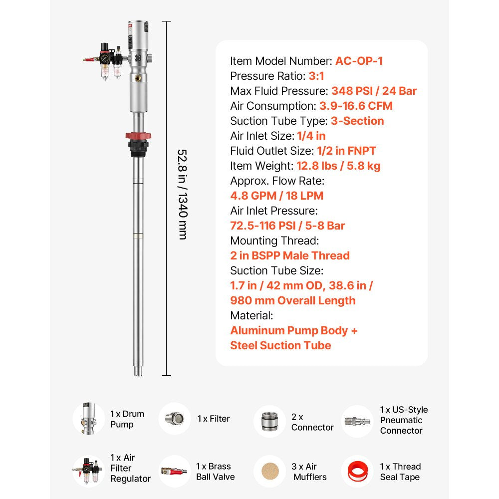 VEVOR Air-Operated Oil Transfer Pump 3:1 4.8 GPM / 18 LPM Flow Drum Pump, Fits 55 Gallon Barrels & Open Containers, Heavy Duty Aluminum Pump, Pneumatic for SAE 130 Oils / Fluids (NOT for Gasoline)