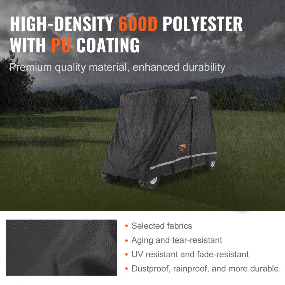 VEVOR 2+2 Passenger Golf Cart Cover, 600D Polyester Full Cover, Suitable for 2+2 Golf Carts, Waterproof, Sunproof, and Dustproof Outdoor Golf Cart Cover with Three Zipper Doors, Black
