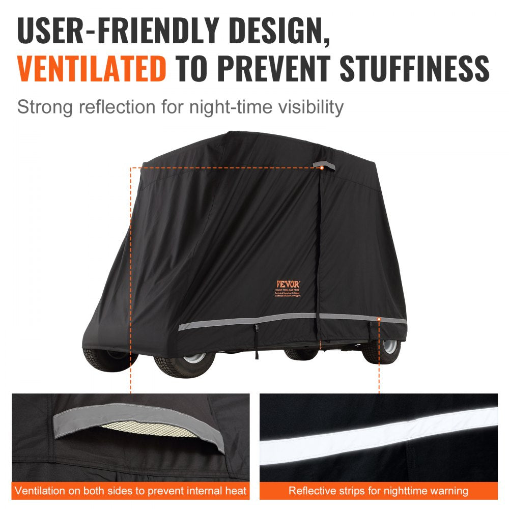 VEVOR 2+2 Passenger Golf Cart Cover, 600D Polyester Full Cover, Suitable for 2+2 Golf Carts, Waterproof, Sunproof, and Dustproof Outdoor Golf Cart Cover with Three Zipper Doors, Black