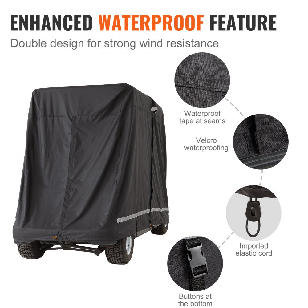 VEVOR 2+2 Passenger Golf Cart Cover, 600D Polyester Full Cover, Suitable for 2+2 Golf Carts, Waterproof, Sunproof, and Dustproof Outdoor Golf Cart Cover with Three Zipper Doors, Black