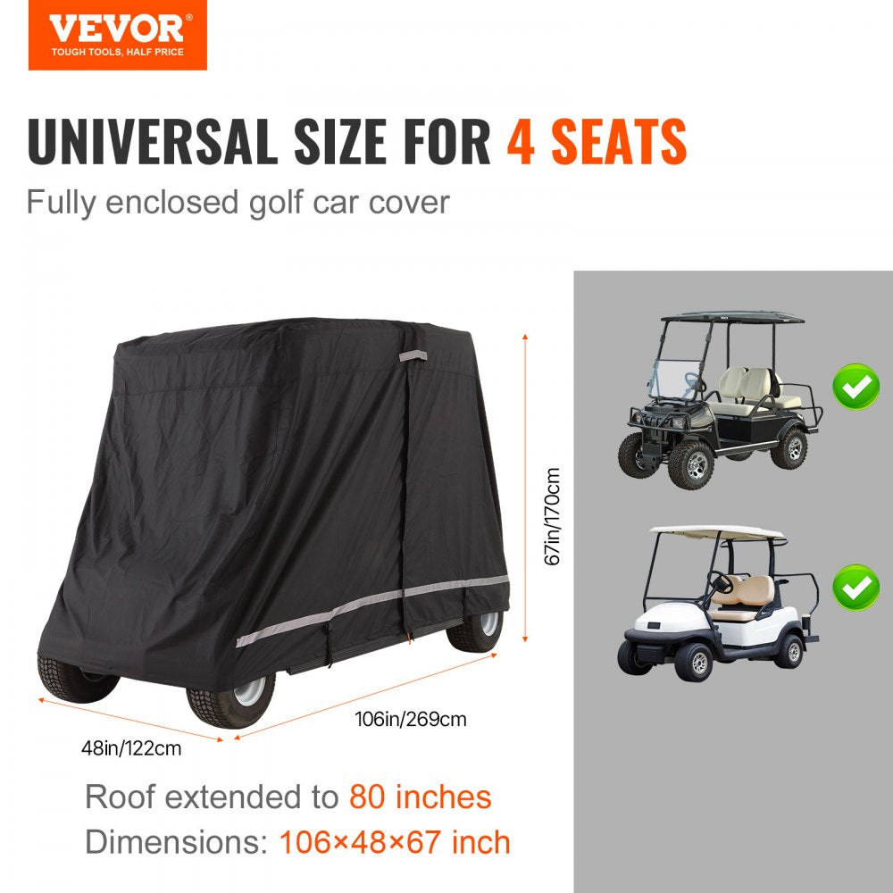 VEVOR 2+2 Passenger Golf Cart Cover, 600D Polyester Full Cover, Suitable for 2+2 Seats Golf Carts, Waterproof, Sunproof, and Dustproof Outdoor Golf Cart Cover with Three Zipper Doors, Black