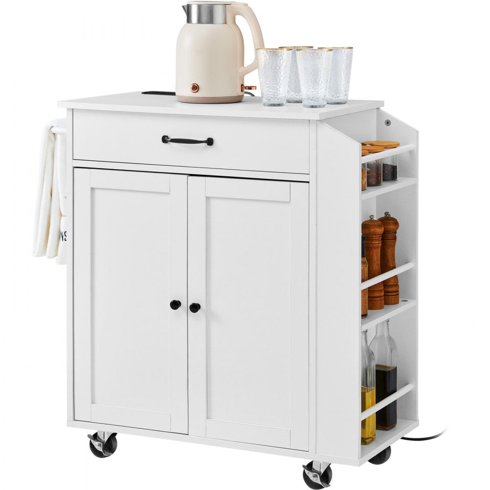 VEVOR Kitchen Island Cart, 32" Mobile Carts with Storage Cabinet, Rolling Table with Power Outlet, Spice Rack, Towel Bar, Adjustable Shelf, Drawer, Dining Living Room Portable Islands on Wheels, White