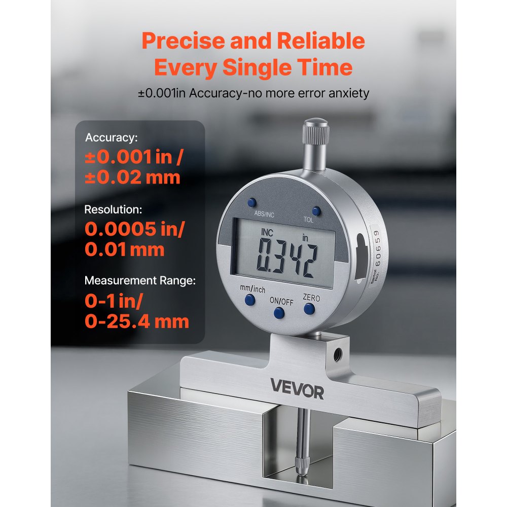 VEVOR Depth Gauge, Depth Micrometer Digital Electronic Indicator 0-22 inch Measuring Range, 0.0005" Resolution, Precision Unit Conversion with 4 Anvils, Measuring Tool for Groove, Step, Hole