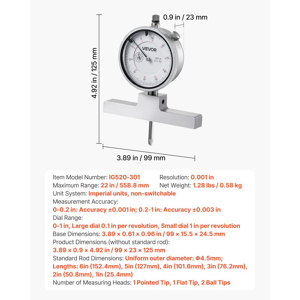 VEVOR Depth Gauge, Depth Micrometer 0-22 inch Measuring Range, 0.001" Resolution, with 4 Anvils & 6 Standard Rods, Precision Easy to Read Mechanical Tool for Measuring Groove, Step, Hole