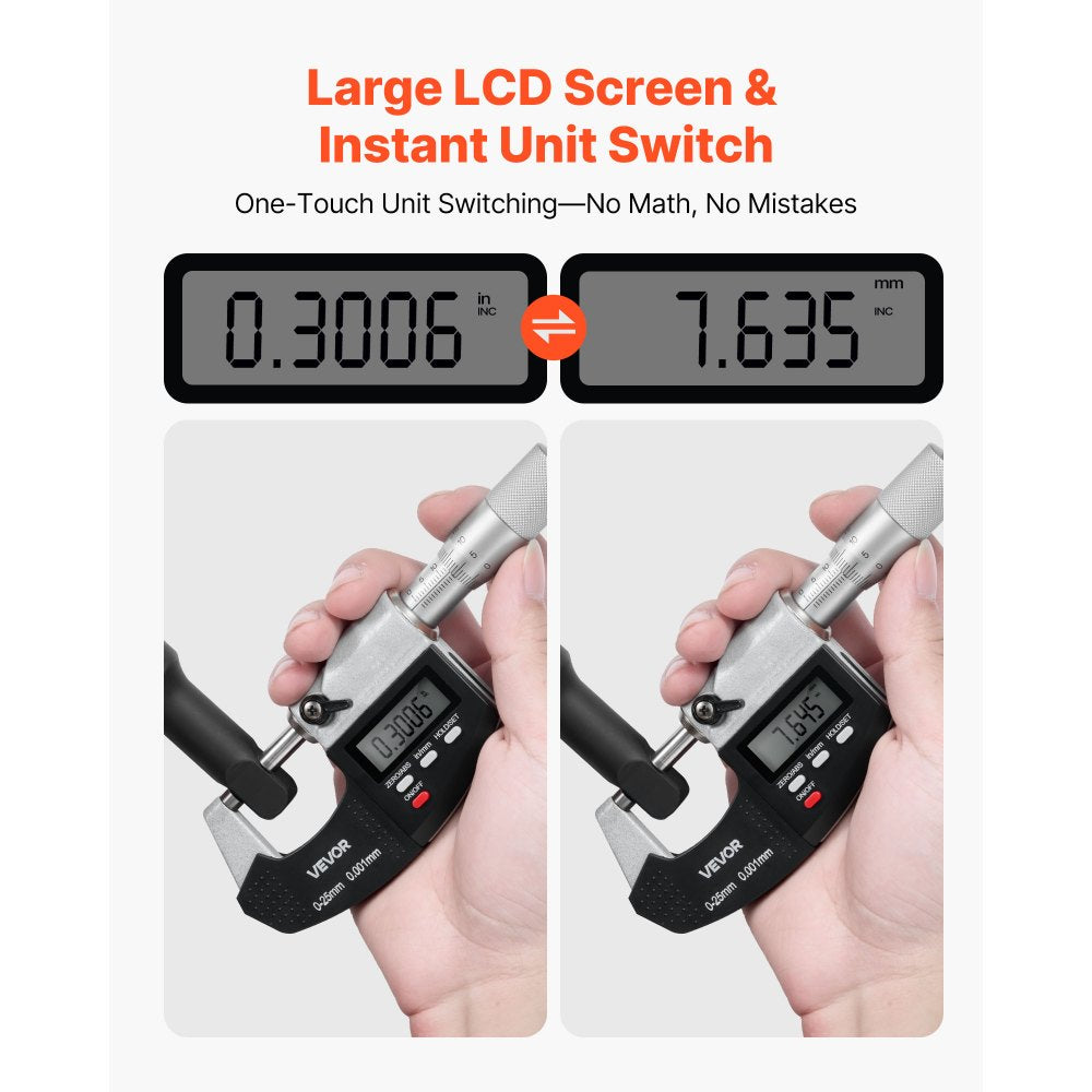 VEVOR Micrometer Set, Digital Outside Micrometer 0-1 inch Measuring Range, 0.00005" Resolution, Ultra-Precision 0.0001 Accuracy, LCD Screen, in/mm Switch, Carbide Tip, with Protective Case