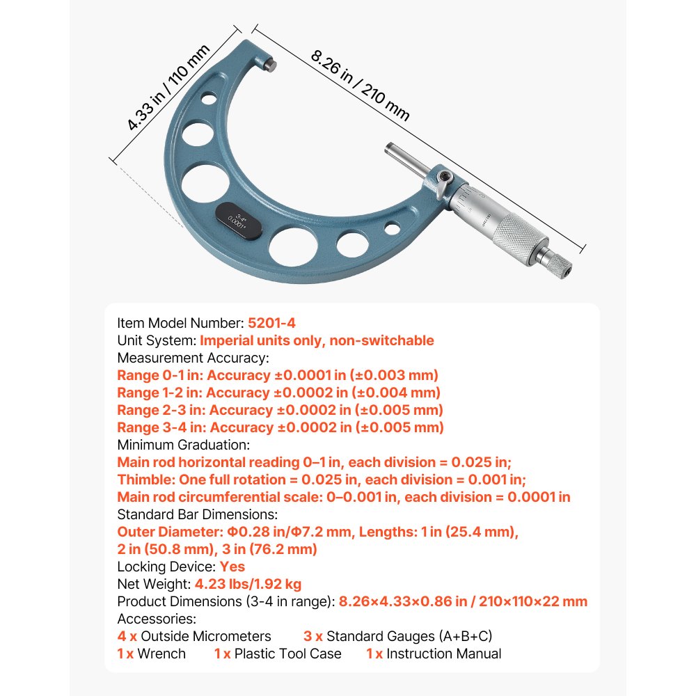 VEVOR 4 PCS Micrometer Set, 0-1"/1-2"/2-3"/3-4" Machinist Outside Micrometer, Ultra-Precision 0.0001 Accuracy, Professional Machinist Tools with Protective Case, for Metalworking & Engineering