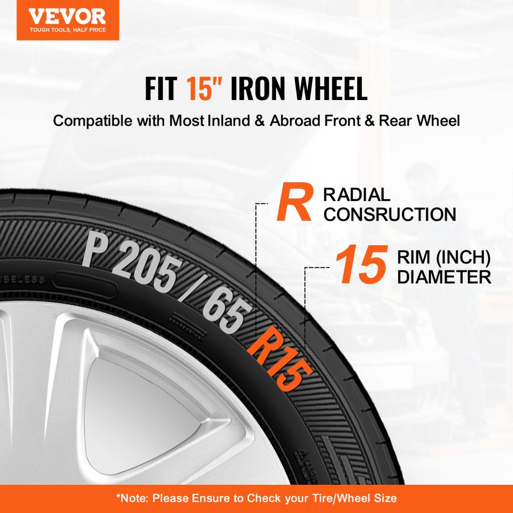 VEVOR Wheel Rim Cover Hubcaps, 15 in Diameter, Sturdy & Durable Scratch-Resistant Hubcap with Snap & Valve Nozzle Hole, ABS & PC Hubcap with High Rigidity & Less Wind Drag, Fits for All Weather Use