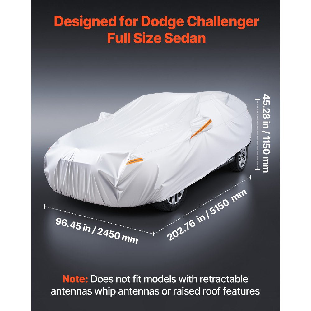 VEVOR Car Cover, Car Cover Waterproof for Dodge Challenger Full Size Sedan, Custom-fit All Weather Sun Rain Wind Dust Snow Protection Full Exterior Covers with Door Zipper and Cotton Lining, Silver