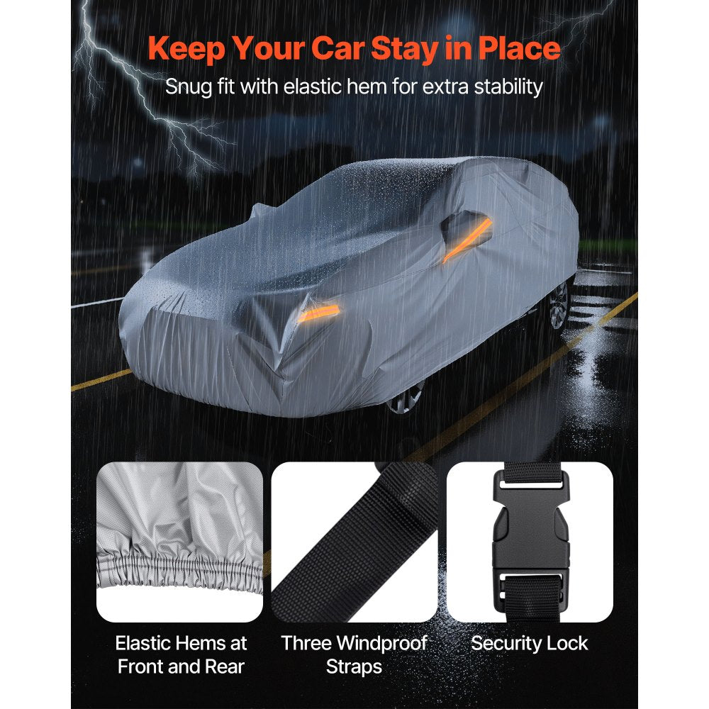 VEVOR Car Cover, Car Cover Waterproof for Dodge Challenger Full Size Sedan, Custom-fit All Weather Sun Rain Wind Dust Snow Protection Full Exterior Covers with Door Zipper and Cotton Lining, Silver
